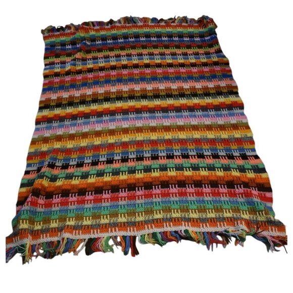 Vintage 1960's Crochet Bright Striped Granny Blanket Size 72in x 52in